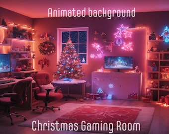 May include: A Christmas-themed gaming room with a desk, two chairs, a Christmas tree, and a TV. The room is decorated with Christmas lights, neon signs, and other festive decorations. The text "Christmas Gaming Room" is written on the floor.