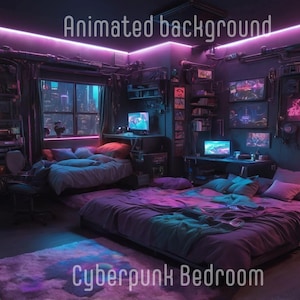 ANIMATED BACKGROUND | Cyberpunk Bedroom | Lofi Cozy Fantasy Looped Vtuber Twitch Stream Overlay Background