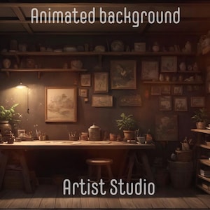 Puede incluir: Un acogedor estudio de artista con un escritorio de madera, un taburete y estantes llenos de materiales de arte. Las paredes están adornadas con pinturas y obras de arte enmarcadas. El texto "Artist Studio" es visible en el centro inferior de la imagen.