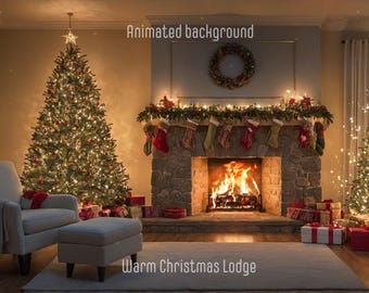 Warm Christmas Lodge Animated Background – Cozy Festive Fireplace Scene, Holiday Loop Video