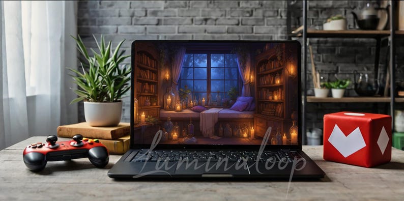 May include: A laptop shows a library scene with candles and a window view. A red and black game controller, a potted plant, and a red cube with white heart and diamond shapes are on a wooden surface. The background is a brick wall.