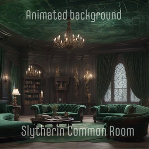 FONDO ANIMADO / Sala común de Slytherin / Fondo superpuesto de transmisión de Twitch de Vtuber en bucle de fantasía acogedora de Lofi