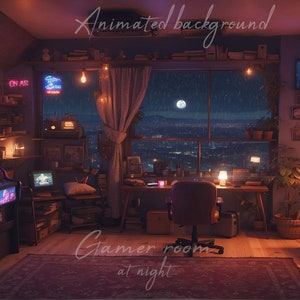 以下が含まれることがあります： 窓から街の景色が見える夜のゲーマー部屋。部屋はネオンサイン、ポスター、植物で飾られています。アーケードゲーム機、コンピューターデスク、快適な椅子があります。部屋は様々なランプと窓から差し込む月明かりで照らされています。