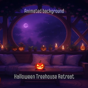 May include: An animated Halloween-themed background depicts a cozy treehouse interior. A large round window reveals a purple night sky with a full moon. Lit jack-o'-lanterns and candles adorn the space, with the text "Halloween Treehouse Retreat".