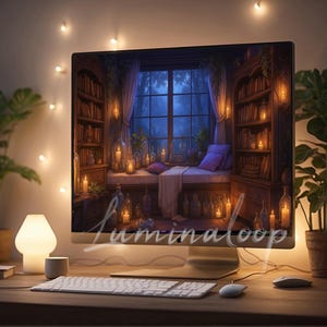 May include: A computer monitor shows a library scene with candles, books, and a window. A keyboard, mouse, and lamp sit on the desk. Potted plants and fairy lights enhance the warm atmosphere. The image has the word "luminaloop" in the bottom center.