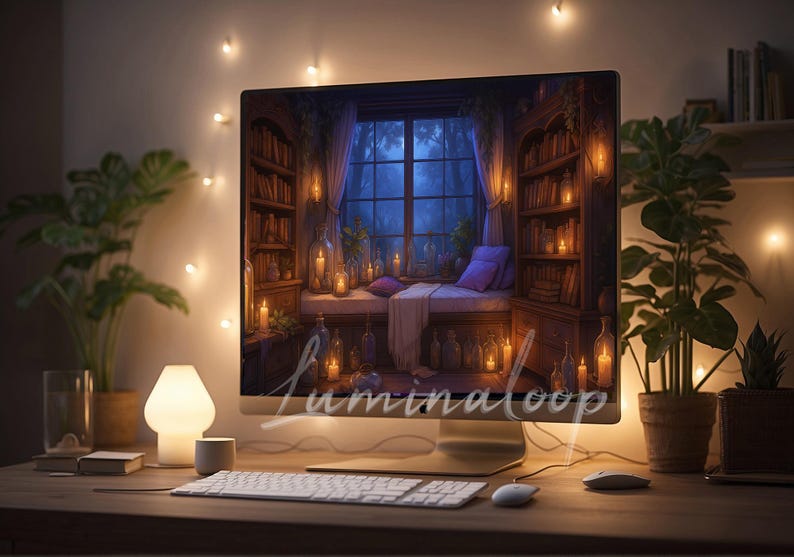 May include: A computer monitor shows a library scene with candles, books, and a window. A keyboard, mouse, and lamp sit on the desk. Potted plants and fairy lights enhance the warm atmosphere. The image has the word "luminaloop" in the bottom center.
