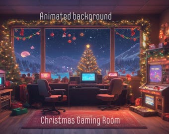 May include: A Christmas-themed gaming room with a large window overlooking a snowy landscape. The room is decorated with Christmas lights and garlands. There are two gaming chairs, a computer desk, and a large arcade game. The text "Animated background" is at the top of the image and "Christmas Gaming Room" is at the bottom.