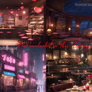 May include: A collection of romantic settings: a cafe with heart decorations, a room with a glass dome, a neon-lit street, and a restaurant with candles and roses. The image evokes a theme of love and romance.