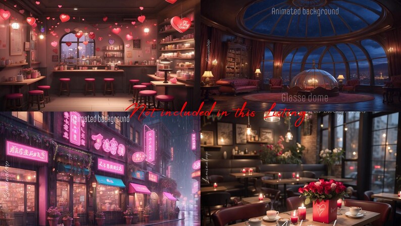 May include: A collection of romantic settings: a cafe with heart decorations, a room with a glass dome, a neon-lit street, and a restaurant with candles and roses. The image evokes a theme of love and romance.