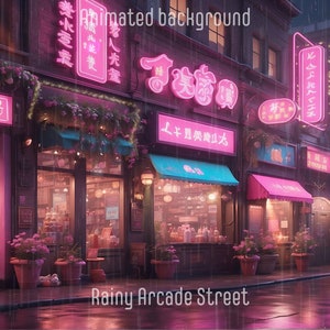 Op de afbeelding: Een regenachtige arcade straat in een stad met neonborden in roze en wit. De borden zijn in Japanse en Chinese karakters. De straat is nat en er zijn plassen op de grond.