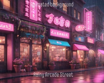 ANIMATED BACKGROUND | Rainy arcade street | Lofi Cozy Looped Vtuber Twitch Stream Overlay Background