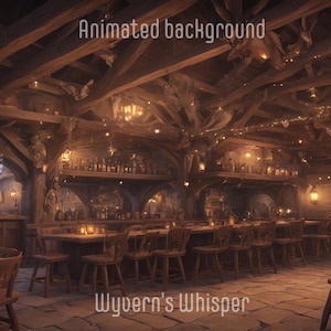Könnte beinhalten: Ein schwach beleuchtetes Gasthaus mit Holzbalken und Steinboden. Das Gasthaus ist mit hängenden Lichtern, Pflanzen und Tierköpfen dekoriert. Es gibt Tische und Stühle im ganzen Gasthaus und eine Bar im Hintergrund. Das Schild über der Bar lautet "Wyvern's Whisper".