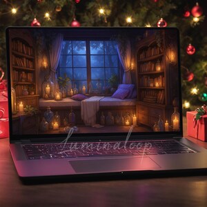 May include: A laptop shows a room scene with a window, bookshelves, and candles. Red gift boxes with bows are on the table, and a Christmas tree with baubles is in the background. The laptop is on a wooden surface.