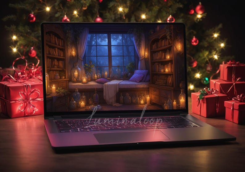 May include: A laptop shows a room scene with a window, bookshelves, and candles. Red gift boxes with bows are on the table, and a Christmas tree with baubles is in the background. The laptop is on a wooden surface.