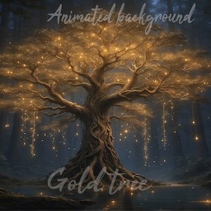 Puede incluir: Un árbol dorado brillante con luces colgando de sus ramas en un bosque oscuro. El texto "Animated background" está en la parte superior de la imagen y "Gold Tree" está en la parte inferior. El texto "1 luminaloop" está en el lado izquierdo de la imagen.