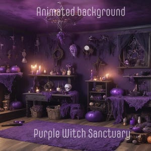 May include: A purple witch's sanctuary featuring a fireplace, shelves, and a table adorned with candles, pumpkins, and other witchy items. The text "Purple Witch Sanctuary" is written on the floor.
