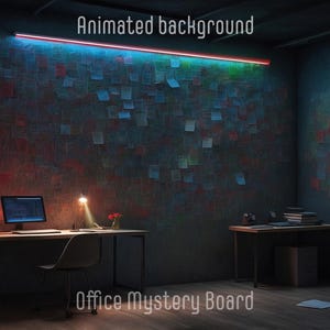 Puede incluir: Una habitación oscura con una pared cubierta de notas adhesivas de colores. Hay dos escritorios con una computadora y una lámpara en uno de ellos. El texto "Office Mystery Board" está en la parte inferior de la imagen. La pared tiene luces de neón en rojo, verde y azul.