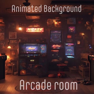 May include: A dimly lit arcade room with two classic arcade cabinets, one with the game "Cosmic" and the other with "Ninja" on the screen. The room is decorated with vintage posters and neon signs, creating a retro atmosphere.