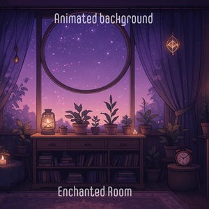 May include: A cosy room with a bed, a bookshelf, and a window with a view of a starry night sky. The room is decorated with plants, candles, and lanterns. The text "Enchanted Room" is written on the floor.