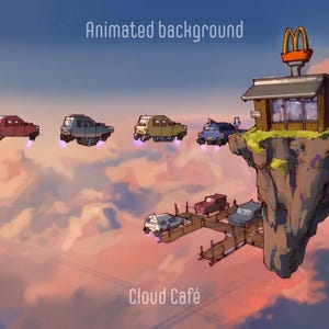 Puede incluir: Ilustración animada de un restaurante McDonald's flotante y varios coches voladores en un cielo nublado. El restaurante se encuentra en la cima de una isla rocosa, con un puente que conduce a otros vehículos estacionados. El texto dice "Animated background" y "Cloud Cafe."