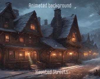 Animated Haunted Street Background: Cozy Winter Tavern Stream (MP4 File)
