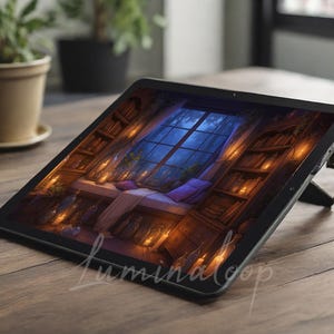 May include: A digital tablet shows an illustration of a library scene with a window overlooking a night sky. The image features bookshelves, candles, and a person resting on a window seat. The tablet is on a wooden table.