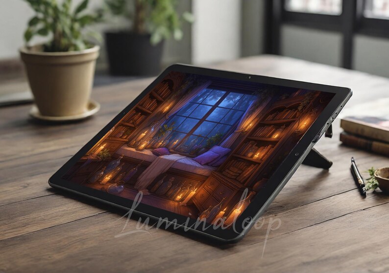 May include: A digital tablet shows an illustration of a library scene with a window overlooking a night sky. The image features bookshelves, candles, and a person resting on a window seat. The tablet is on a wooden table.