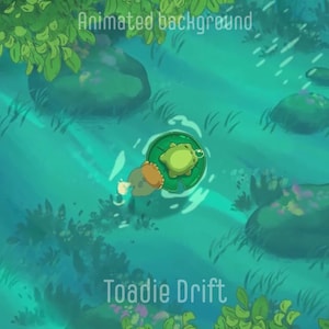 Op de afbeelding: Een geanimeerde achtergrond met een kikker op een waterlelie die in een vijver drijft. Het water is lichtblauw-groen, met rotsen en planten. Tekst luidt "Animated background" en "Toadie Drift".