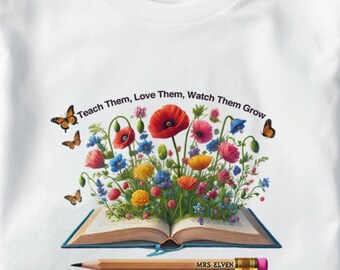 Teacher Appreciation PNG, Teach Love Grow Floral Book Pencil Sublimation, Teacher Shirt Design, Back to School Gift, Digital Download