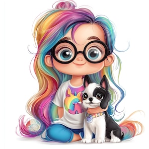 May include: A cartoon illustration of a girl with rainbow hair wearing black glasses and a white t-shirt with a unicorn graphic. She is sitting with a black and white dog. The dog has a collar with a tag.