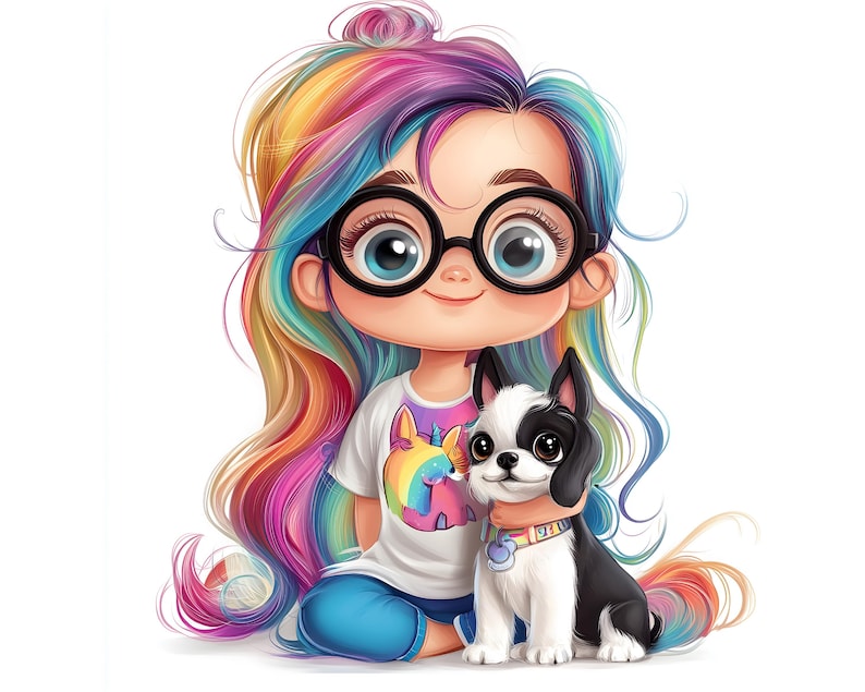 May include: A cartoon illustration of a girl with rainbow hair wearing black glasses and a white t-shirt with a unicorn graphic. She is sitting with a black and white dog. The dog has a collar with a tag.