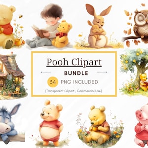 Clipart classico di Winnie the Pooh e amici, 34 Clipart Bundle PNG, PNG trasparente, Pacchetto classico di Winnie the Pooh, Baby Shower fai da te
