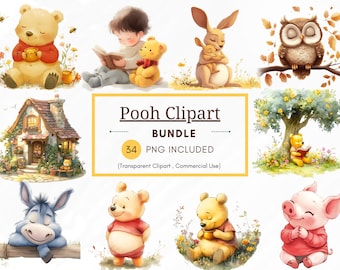 Imágenes prediseñadas clásicas de Winnie the Pooh y sus amigos, paquete de 34 imágenes prediseñadas PNG, PNG transparente, paquete clásico de Winnie the Pooh, baby shower DIY