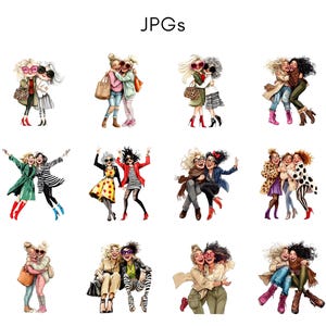 May include: Illustrations of pairs of women in fashionable outfits, including coats, dresses, and accessories. The women are in various poses, embracing or posing together. The word "JPGs" is written at the top of the image.