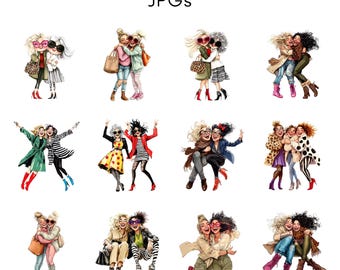 Funny Friends Clipart Bundle | Best Friends | Girly Fashion Friends, Hugging Friends, Happy Women, Cartoon Squad Art | 20 Transparent PNGs