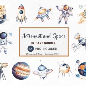 May include: A watercolor clipart bundle featuring astronauts, spaceships, planets, and stars. The bundle includes 45 PNG images, perfect for creating space-themed crafts, invitations, and other projects.