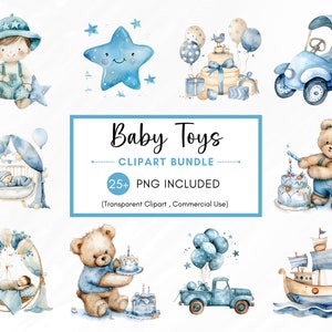Baby Boy Toys Clipart, paquete de imágenes prediseñadas de baby shower para niño, fiesta de revelación de género png, cumpleaños de niño bebé, uso comercial