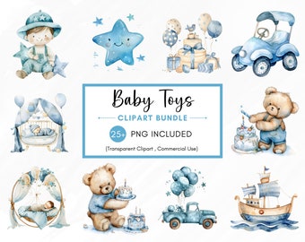 Baby Boy Toys Clipart, Boy Baby Shower Cliparts Bundle, Gender Reveal Party png, Boy Baby Birthday, Commercial Use