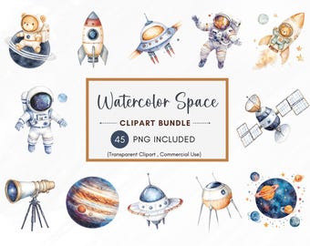 May include: Watercolor clipart bundle of space-themed illustrations. Includes a rocket, astronaut, planets, a spaceship, a telescope, and a satellite. 45 PNG images included. Transparent clipart, commercial use.