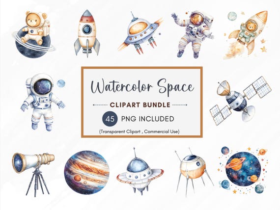 Watercolor Space Clipart Bundle, Cute Astronaut Clipart, Astronaut Spaceship, Rocket Clipart, Planets Clipart, Instant Download