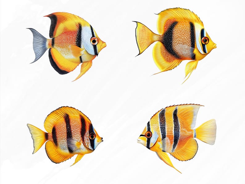 May include: Four yellow and black angelfish with black stripes and white accents. The fish are swimming in a white background.