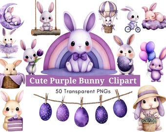 Clipart mignon lapin violet | 50 PNG | Stickers lapins aquarelles | Illustrations de bébé lapin | Clipart lapin de chambre d'enfant |