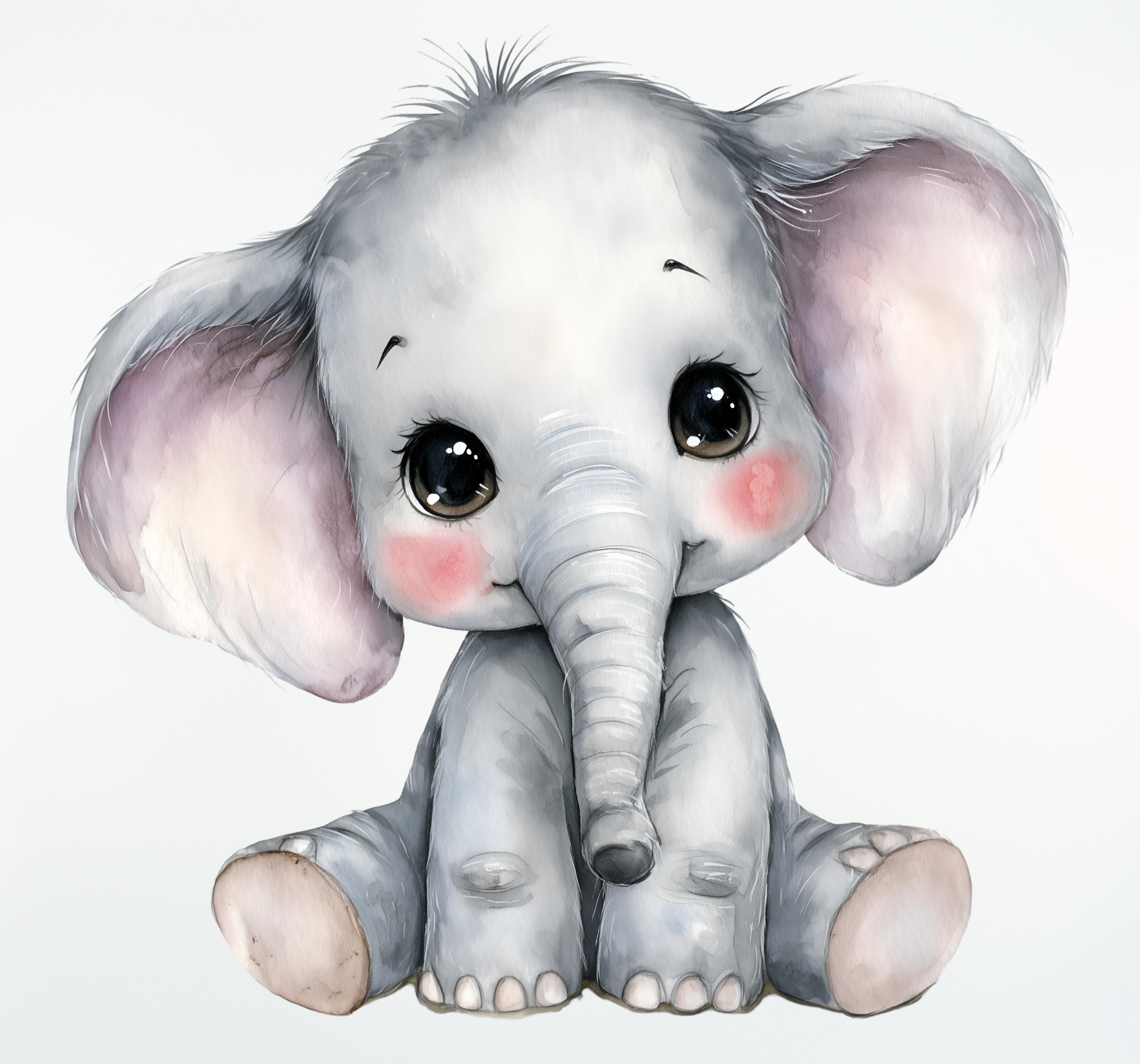 Watercolor Baby Elephant Clipart, Cute Baby Elephant PNG Bundle, Safari ...