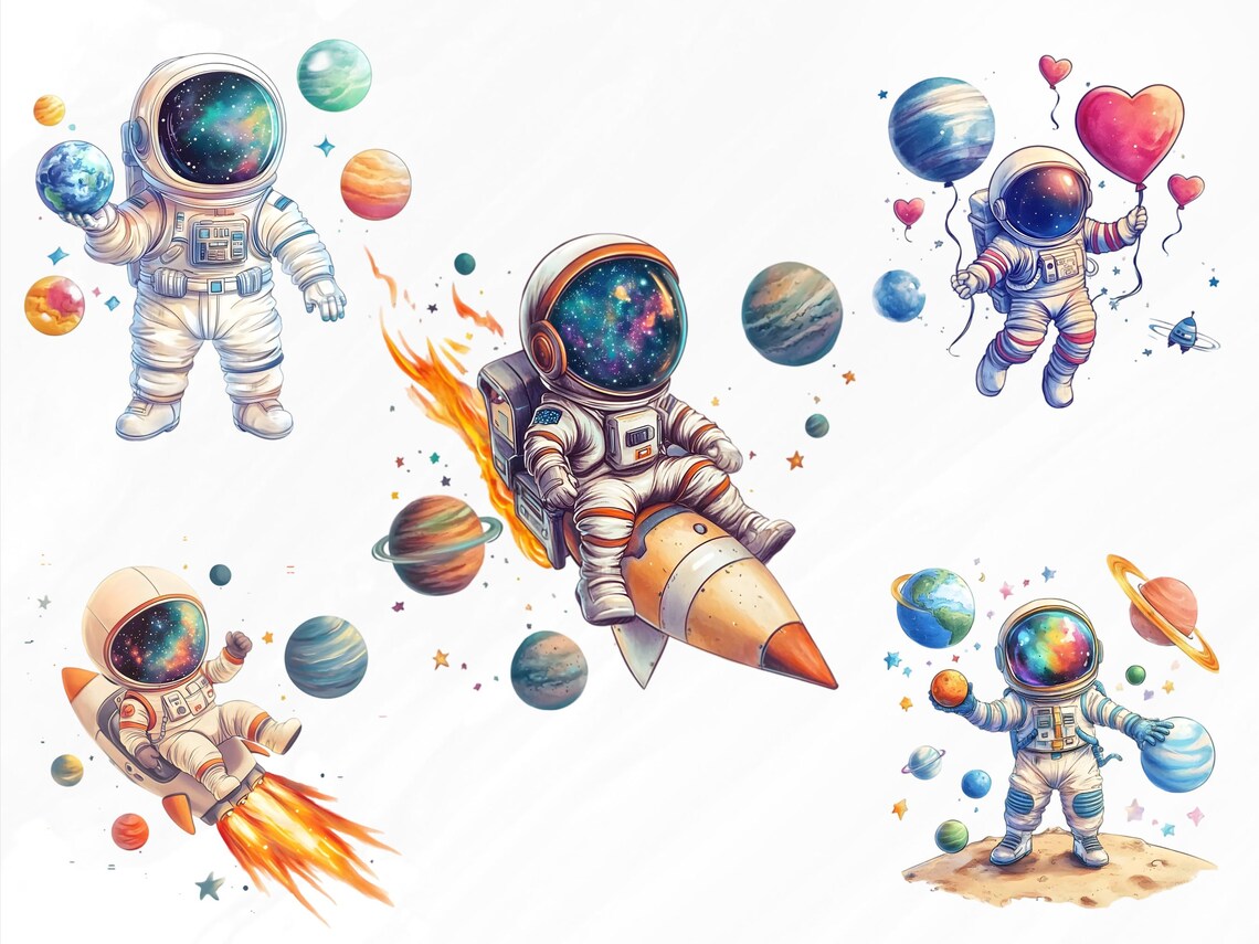 Watercolor Astronaut Clipart Bundle, Space Rocket PNG (digital Download ...