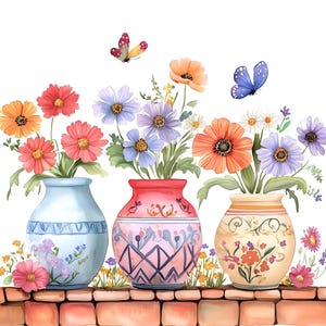 Puede incluir: Ilustración en acuarela de tres jarrones decorativos llenos de flores coloridas. Los jarrones son azul claro, rojos y beige, cada uno con patrones únicos. Mariposas revolotean sobre las flores, que incluyen flores naranjas, rosas, moradas y blancas. Los jarrones están sobre un muro de ladrillos.