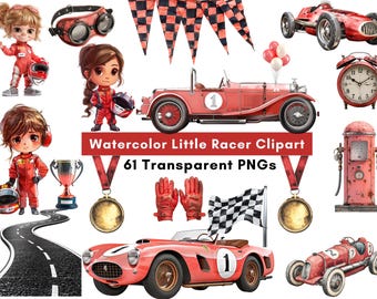 Watercolor Red Race Car Clipart Bundle, Kids Racing PNGs