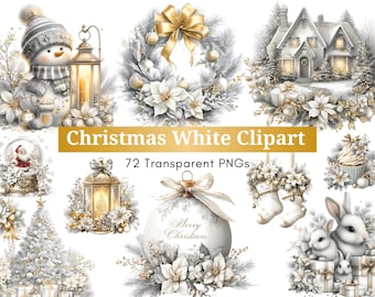 Christmas White Clipart Bundle | 72 Winter White PNGs | Elegant Gold Christmas Illustrations | Snowy Holiday Clipart | White Xmas Animals