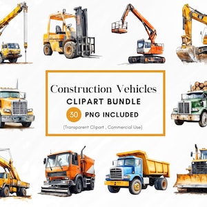 Bundle de clipart véhicules de construction, bulldozer jaune, camion à benne basculante, grues PNG, machinerie lourde art numérique, téléchargement immédiat