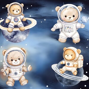 May include: Four watercolor illustrations of teddy bears dressed as astronauts in space. The bears are wearing white spacesuits with blue accents and helmets. They are floating in space with planets and stars in the background.