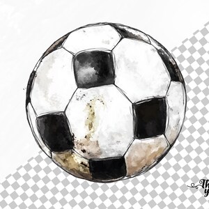 May include: A black and white soccer ball with a watercolor effect. The ball has a worn, textured surface.